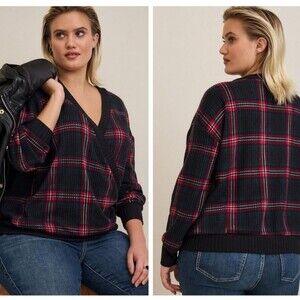 Women's Torrid Brushed Waffle Surplice Drop Shoulder Plaid Top, Size 1X